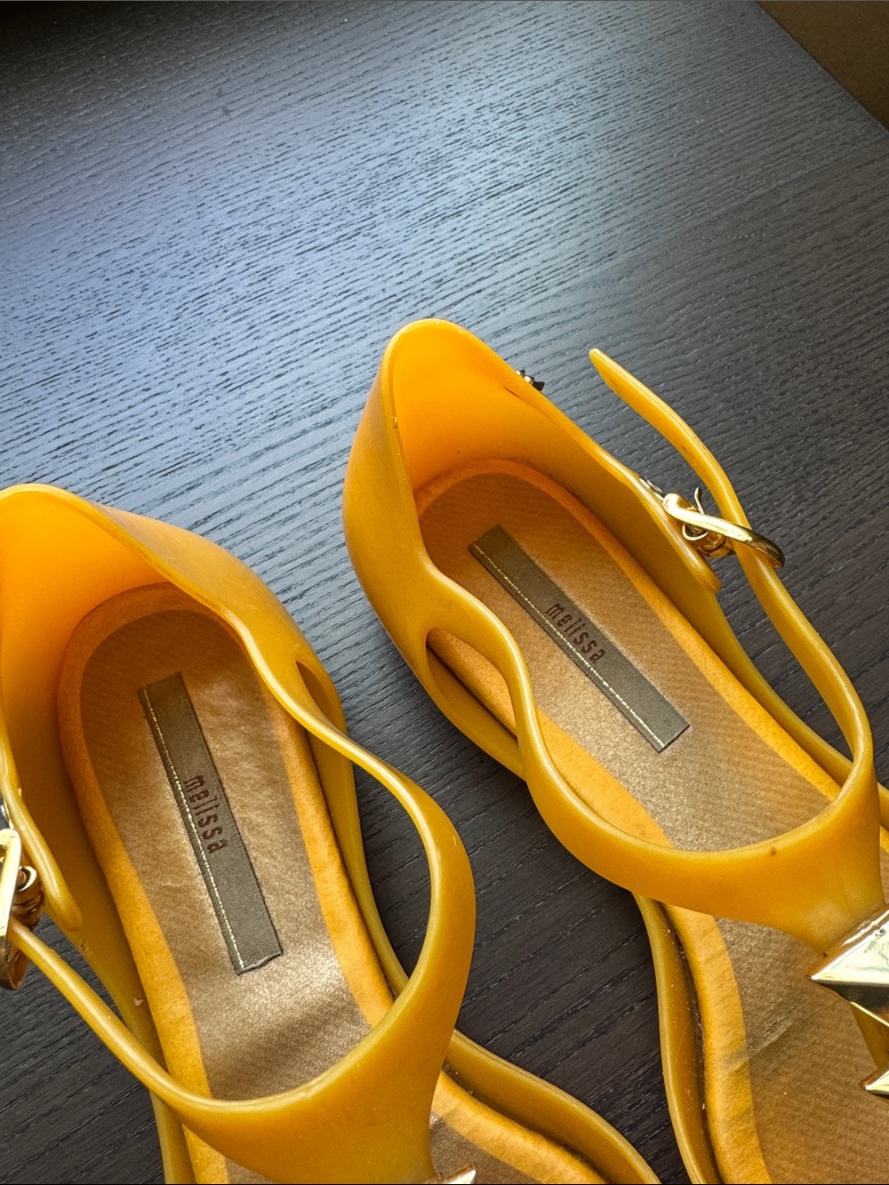 Melissa Yellow Pointed T-Strap Flats with Gold Pyramid Studs (Sz 38) - Picture 2 of 7